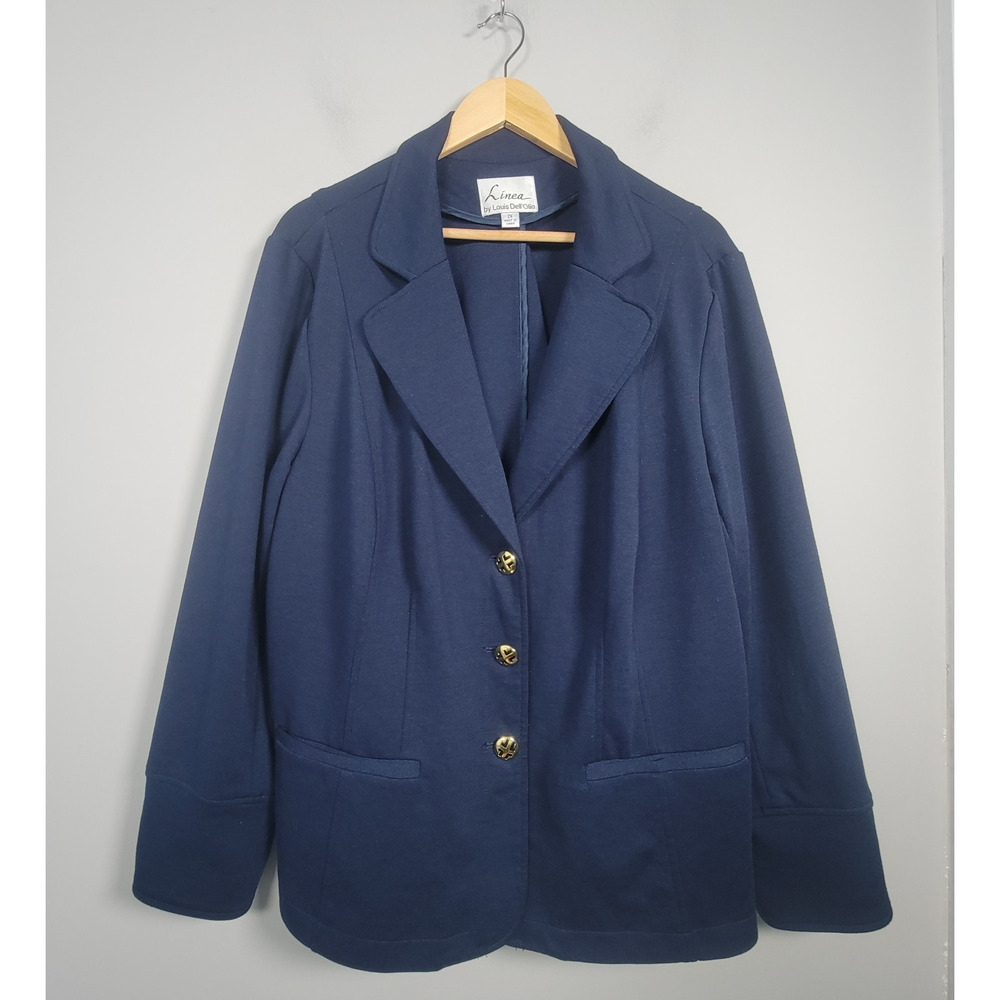 Linea by Louis Dell'olio Womens 2X Gold Buttons Knit Ponte Blazer Dark Blue Navy